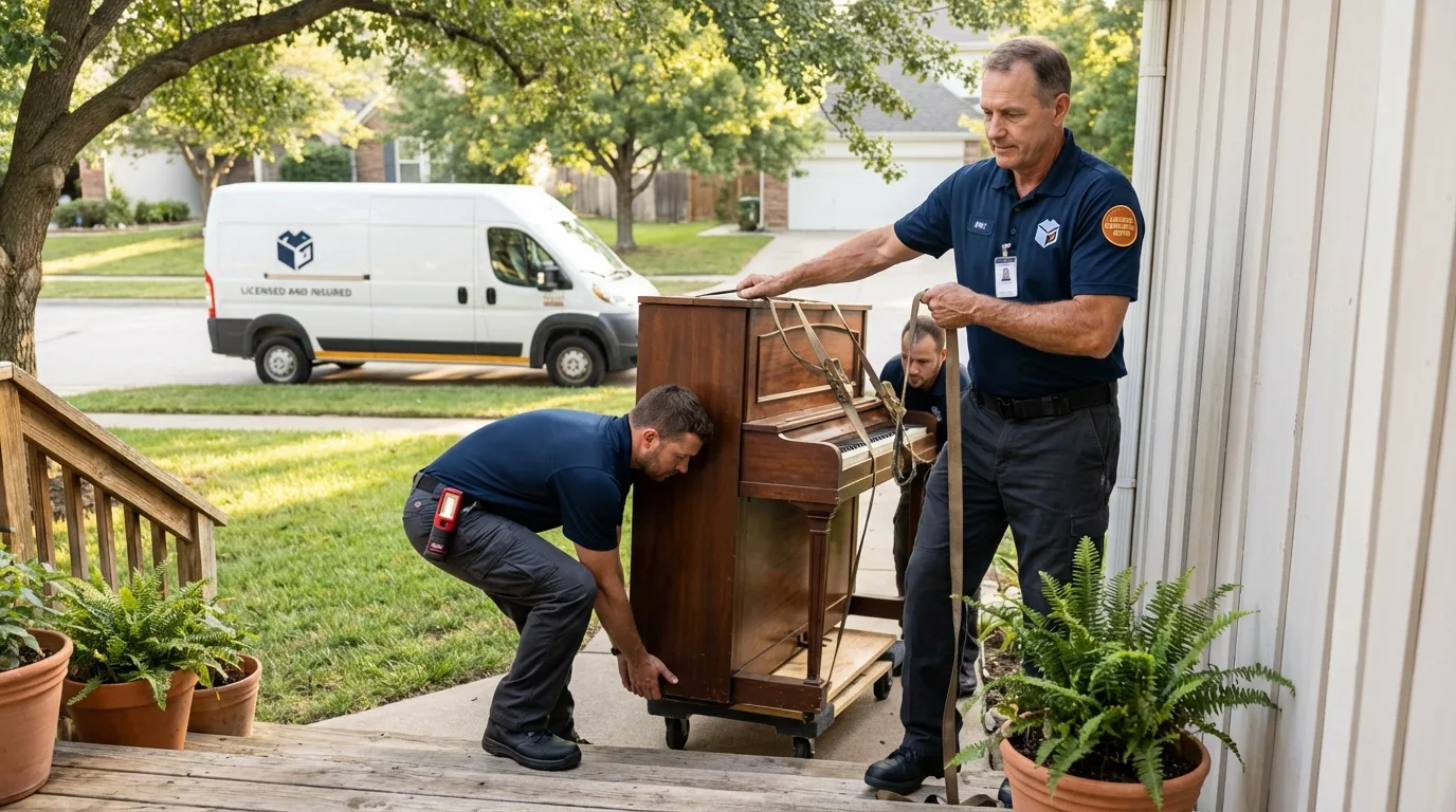 Licensed piano movers securing grand piano in Thoreau, NM