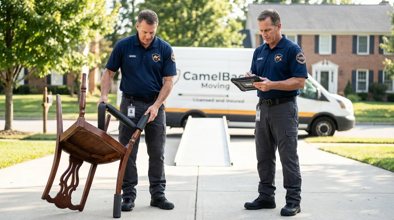 Movers inspecting furniture for damage prevention before loading in Thoreau, NM