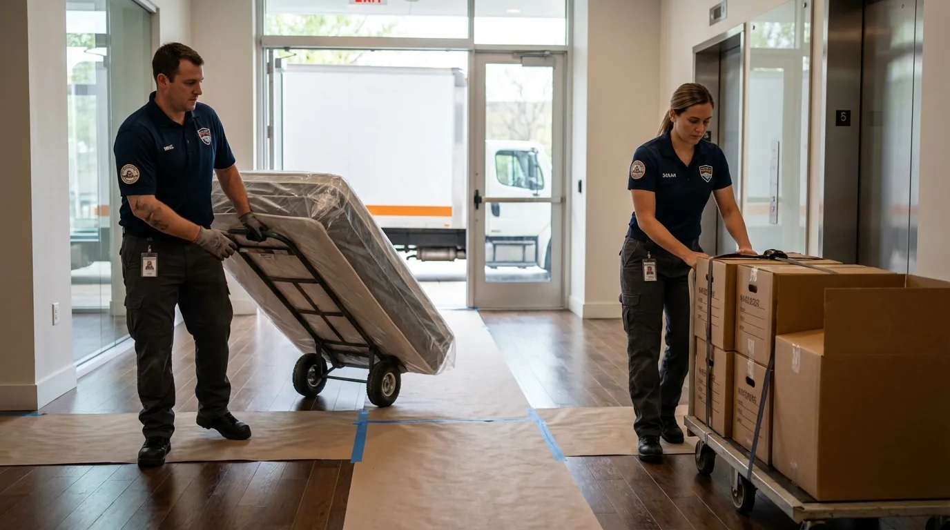 Professional apartment movers loading elevator in Thoreau, NM